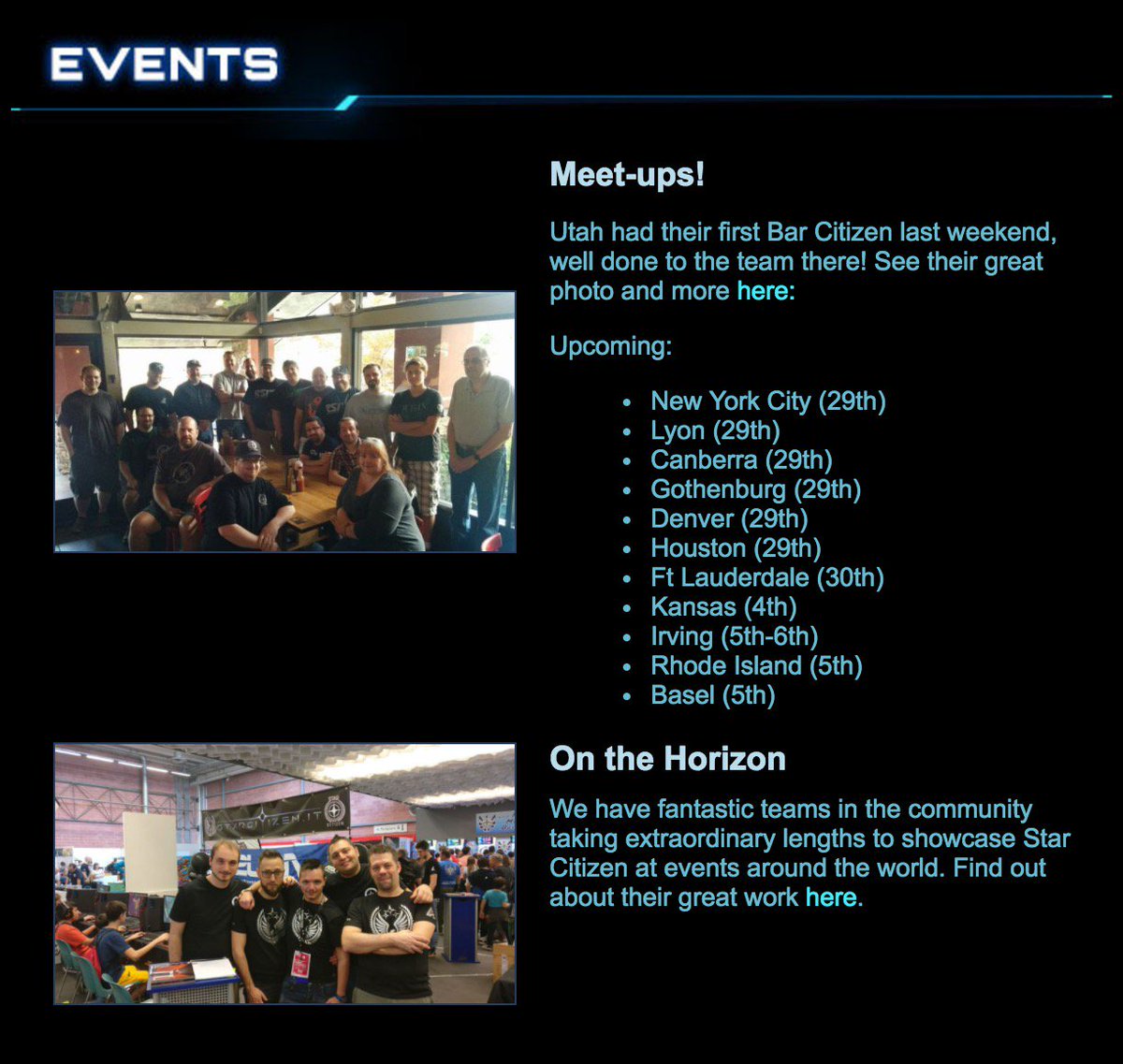 TNBarCitizen's tweet photo. Looks at all these upcoming #barcitizen events!!  Absolutely fantastic!!  #HYPE @Jorunn_SC @barcitizensc #starcitizen https://t.co/WfS3PeQRZL