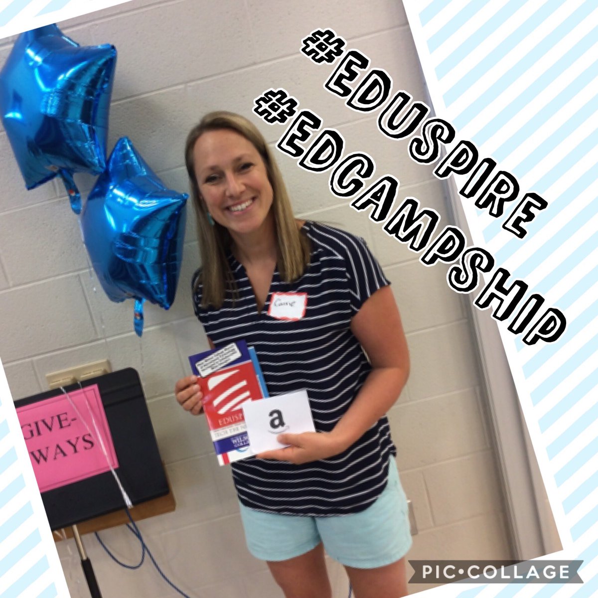 edcampship's tweet photo. Thanks to @eduspirePD for donating #Amazon gift card!!! You made the day for this #HappyCamper at #EdCampShip !!! #Giveaways @carrieakrebs https://t.co/AdIoteYtfk