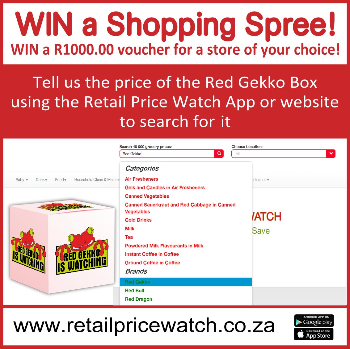 watchretail's tweet photo. Find the price of the Red Gekko Box using the website or App and you could be the lucky winner of a R1000.00 Shopping Spree! https://t.co/DIUCCJX3AQ