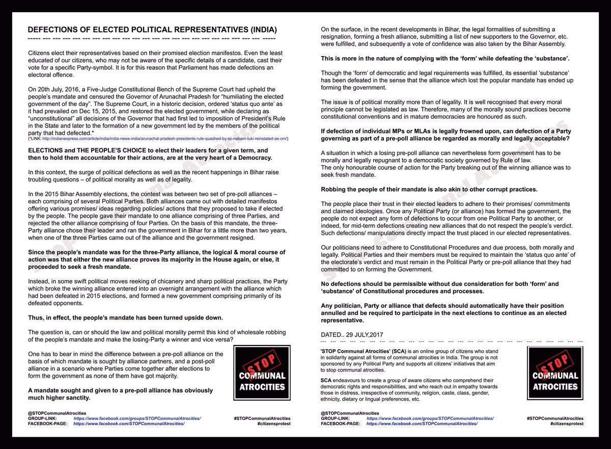 bsinhasahay's tweet image. DEFECTIONS OF ELECTED POLITICAL REPRESENTATIVES (INDIA)

A Statement by
STOP Communal Atrocities

#STOPCommunalAtrocities 
#citizensprotest