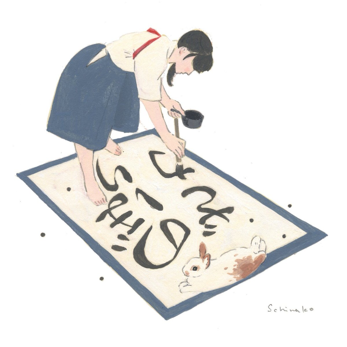 Schinako Moriyama Illustrator 文鎮として書道部の補佐をするうさぎさん 好きな諺は うさぎの登り坂 です イラスト うさぎ