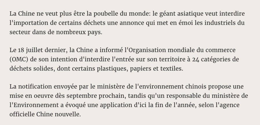 L'annonce chinoise qui fait trembler la planète déchets u.afp.com/4Bjk par <a href="/mheucAFP/">Marie Heuclin</a> #AFP