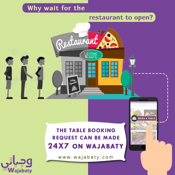 WajabatyApp's tweet photo. Now no need to wait for the #restaurant to open, The #TableBooking request can be made 24*7. Download Wajabaty app: https://t.co/EiXn5RINjQ https://t.co/RhKV3kBnyk