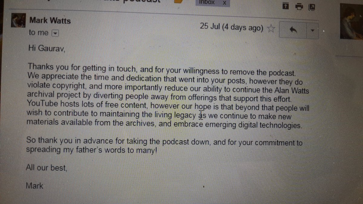 I emailed with Mark watts explaining that the podcast was totally non lucrative, but he told me I was still violating copyright. 2/3