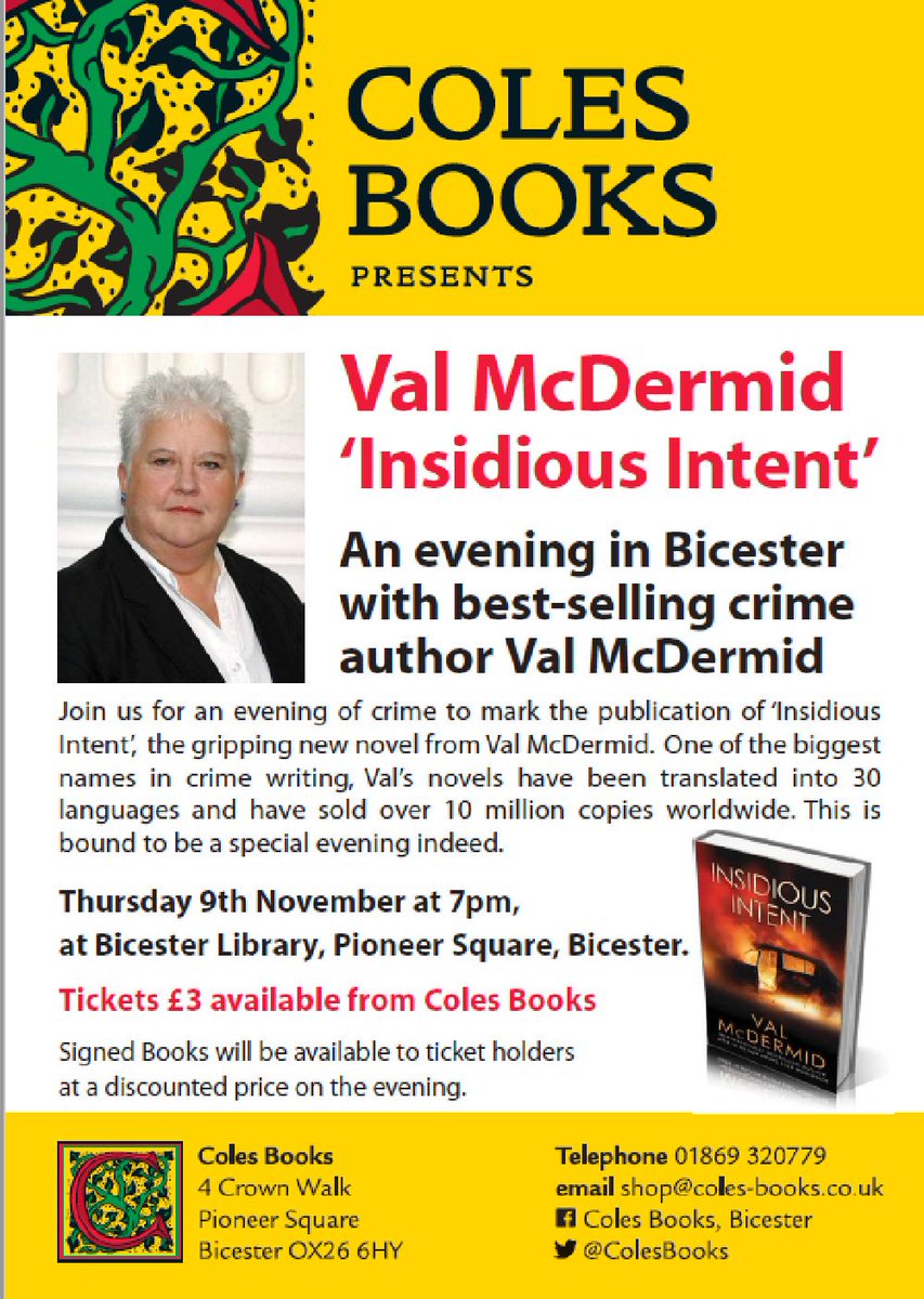 ColesBooks's tweet photo. @CommContact  Tickets now available at Coles for an evening with bestselling author @valmcdermid at Bicester Library - 9th November at 7pm https://t.co/ldm6Qoer4J