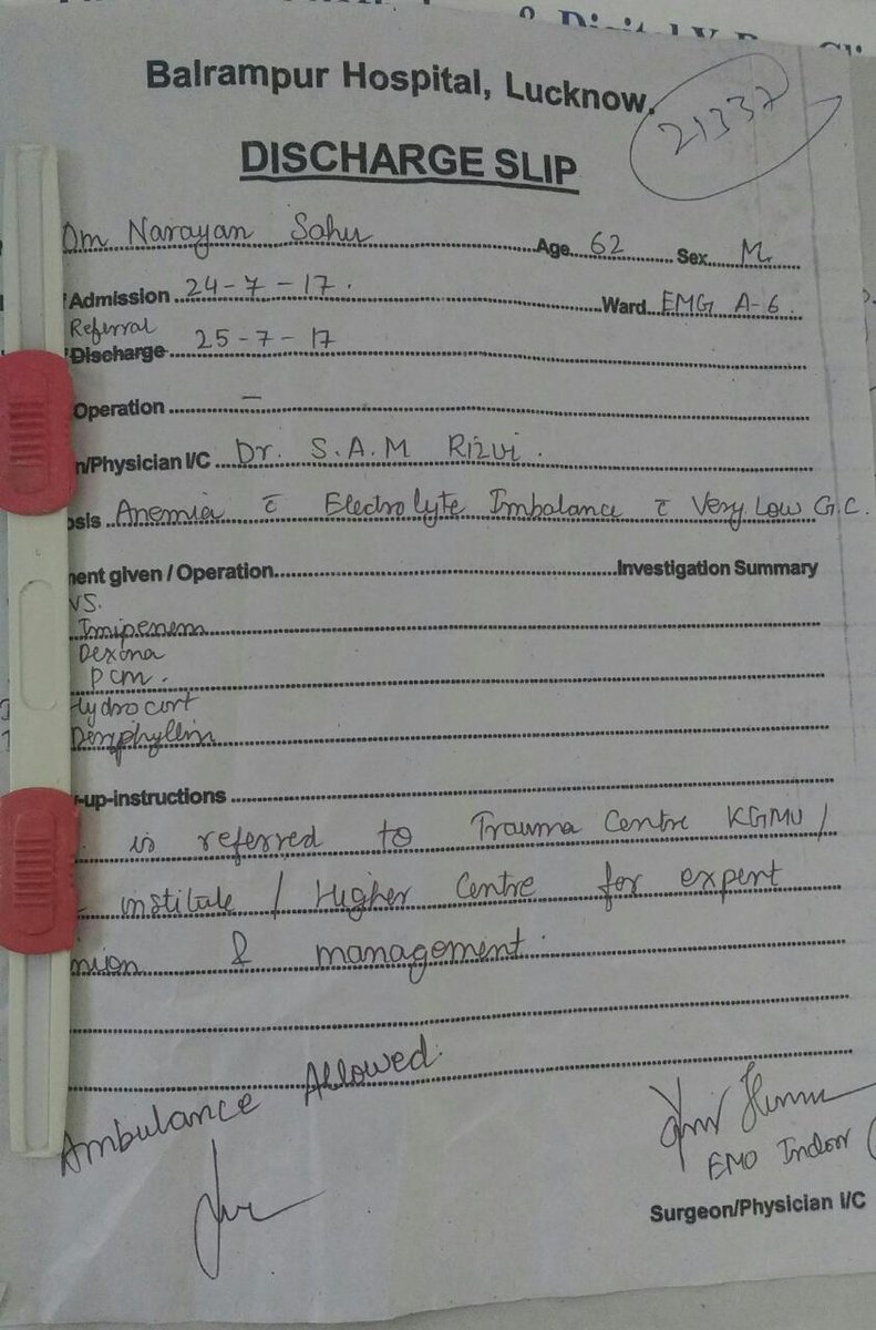 lkoatul's tweet photo. R/sir, kdly help to get of details of treatment at Balrampur Hospital LKO my father Om Narayan Sahu on 24 &amp; 25 Jly. He is on ventilator. https://t.co/C2YAKEqQDu