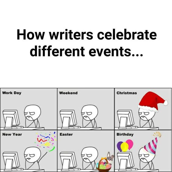 byMorganWright's tweet photo. How writers celebrate different events...

#amwriting #writerslife #authors https://t.co/iZV0RePiOo