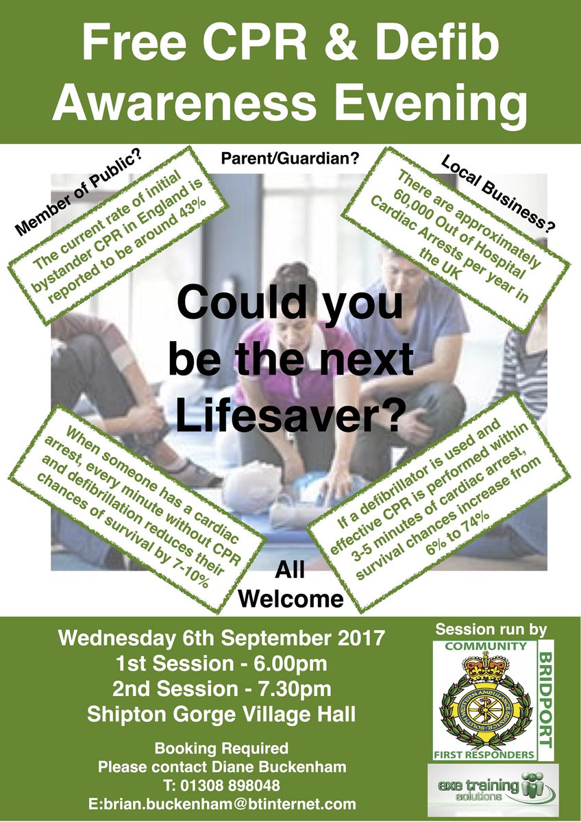 BridportCFR's tweet photo. FREE CPR &amp; AED Awareness Evening on 6th September 2017 in Shipton Gorge. Book your place now! #CPRSavesLives #Community #Volunteer #FirstAid https://t.co/3VrGfBZ0ln