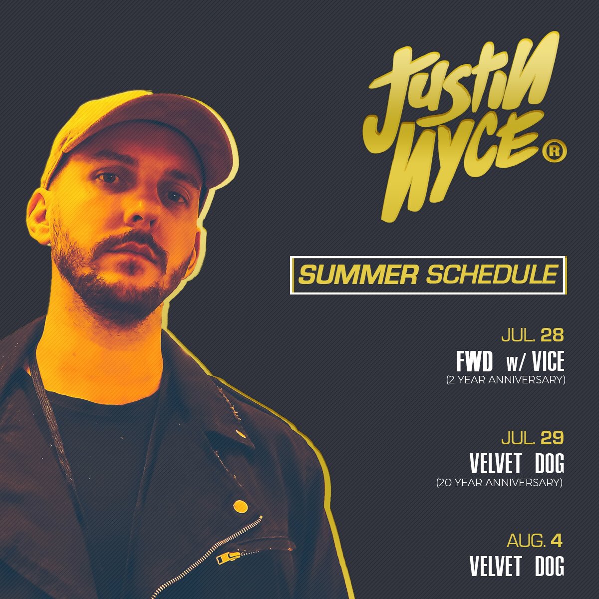 marketmemgmt's tweet photo. Lil' quick DJ schedule graphic for @JustinNyce https://t.co/sBVYbaeQfv