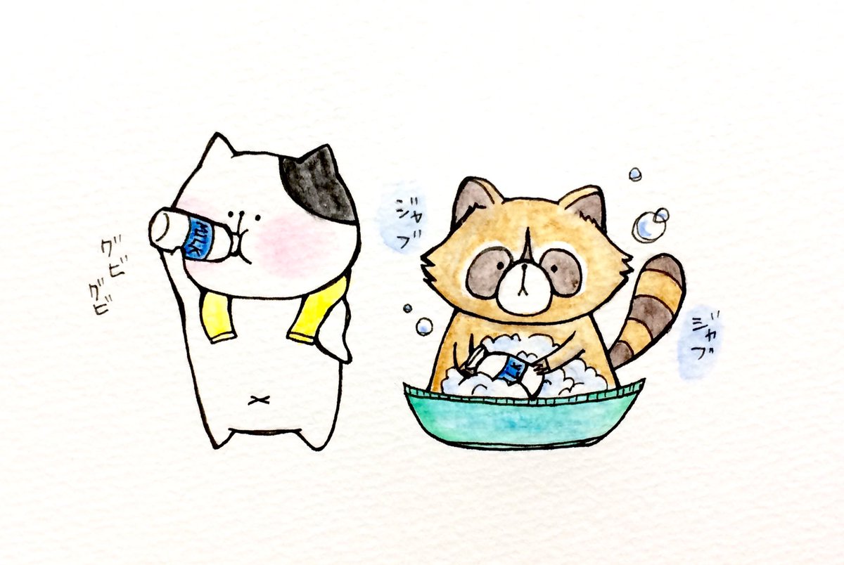 おこにゃん A Twitter 風呂上がりのミルクは最高にゃ アライグマ なんでも洗う ミルク 牛乳 風呂上がり 猫好き イラスト 可愛い 1日1絵 癒し 手描き 絵描き Followme Cats