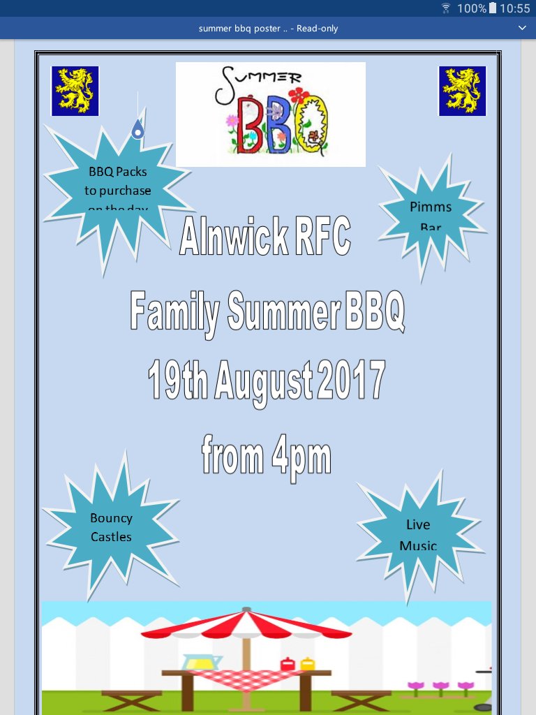 Alnwick_RFC's tweet photo. Summer Family BBQ 19th Aug after Kelso pre season friendly. Pimms bouncy castles and live music (probably in that order!!) https://t.co/lHVXoEIPJU
