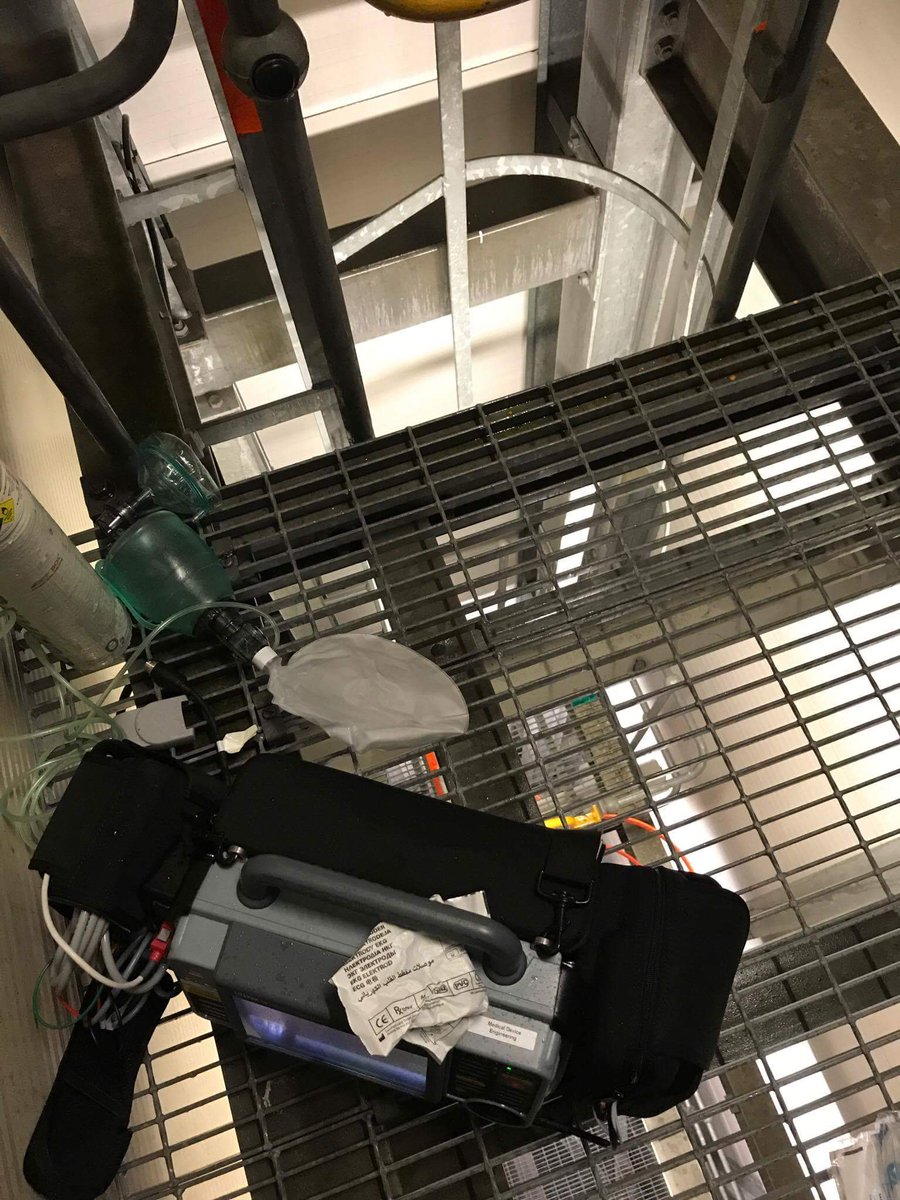 EMASNHSTrust's tweet photo. Our staff work in challenging circumstances. Last night Technicians @nickstuffin &amp; Paul treated a patient 6 floors up on a grated floor #999 https://t.co/4hBTndyHrg