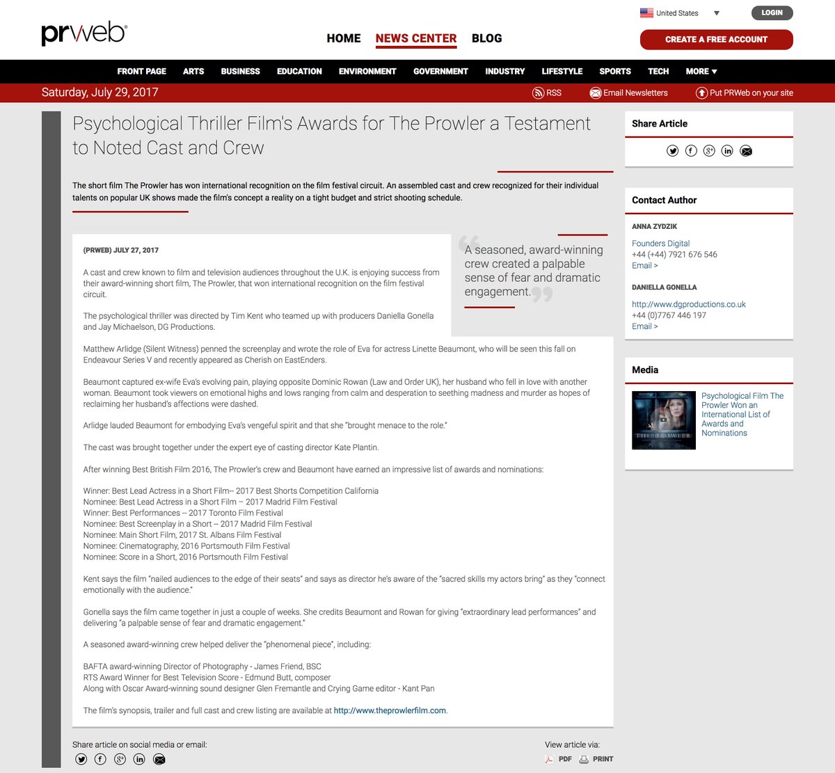 RELEASE: Psychological #Thriller Film's Awards for The Prowler a Testament to Noted Cast &amp; Crew #pressrelease <a href="/prweb/">PRWeb</a> bit.ly/PrWlRFlM