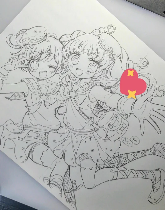 ファンブックの付録ポスターの下絵を見つけたので、パシャリ☆このコーデすごく可愛くて描けて良かったです(о'∀`о)まだの方はファンブックでぜひチェックしてくださいね! #プリパラ 