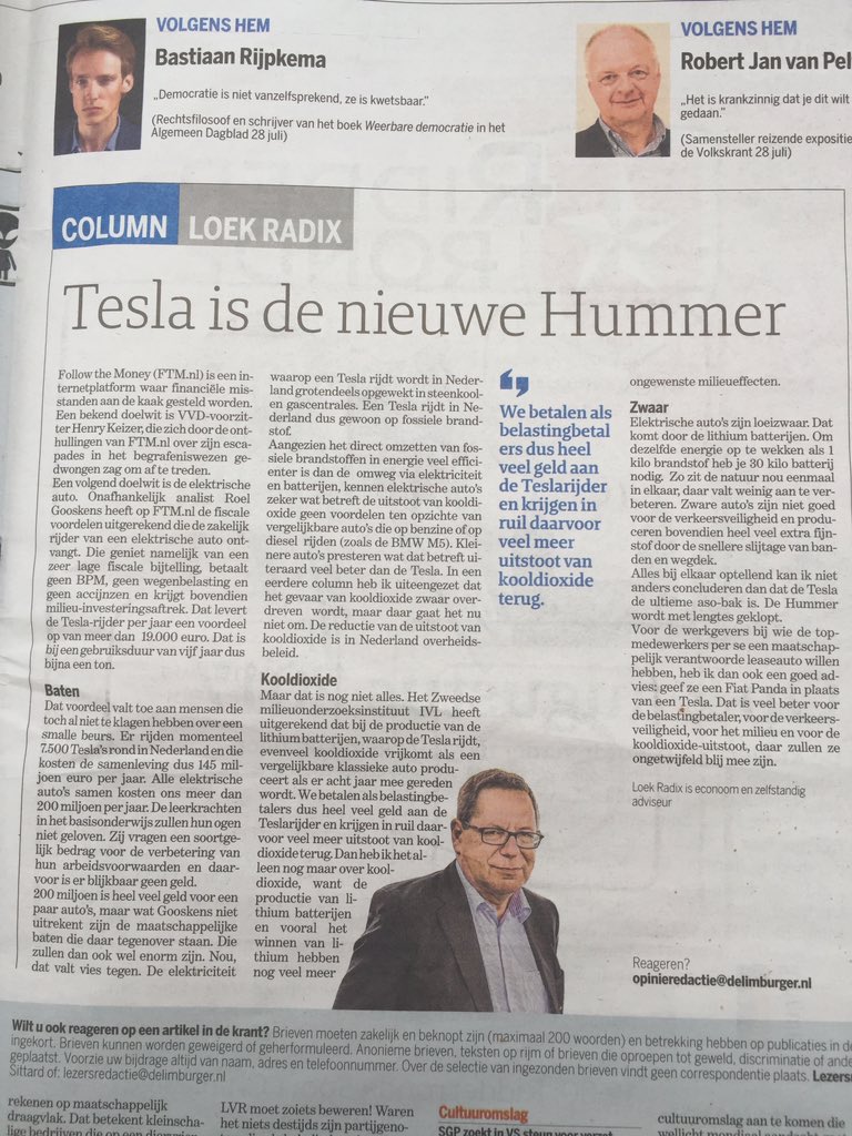 "Tesla is de nieuwe Hummer." Rijden op elektriciteit uit steenkool- en gascentrales is niet milieuvriendelijk... <a href="/delimburger/">De Limburger</a>
