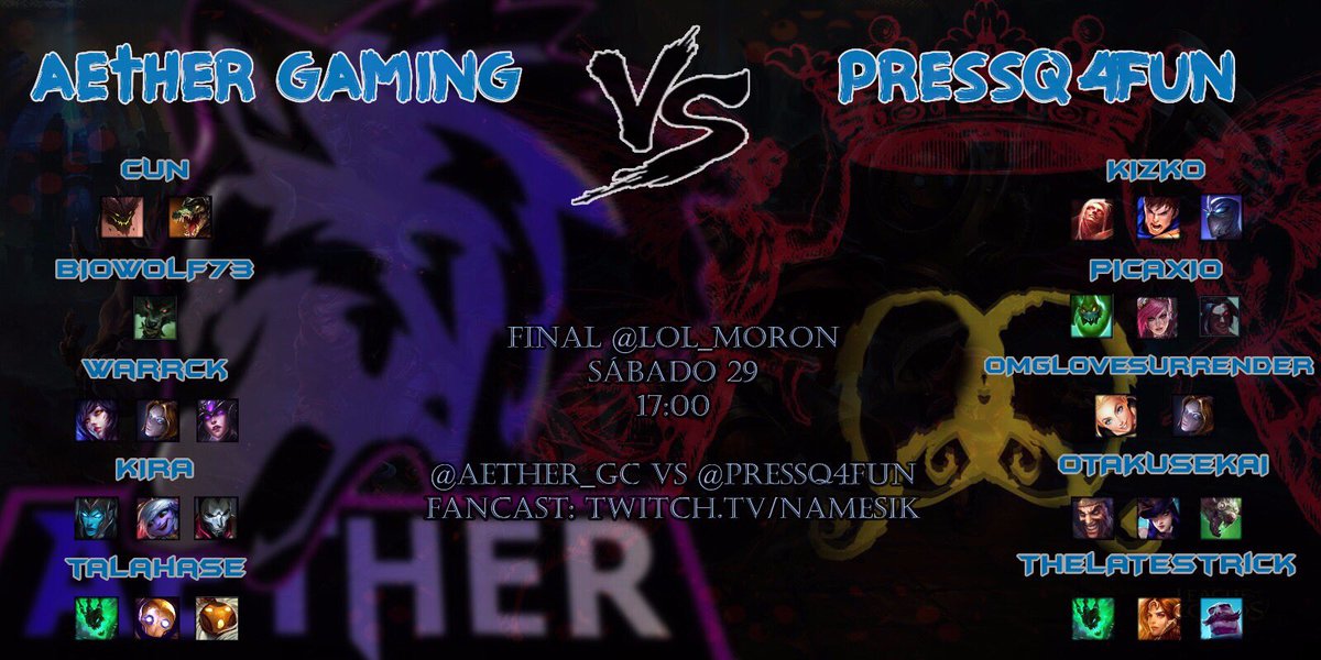 Aether_GC's tweet photo. Hoy, nuestro equipo de LoL se juega la final de la @lol_moron contra @PressQ4fun. Pasaros por el stream para no perderos todo un partidazo. https://t.co/1TK44AhOLN