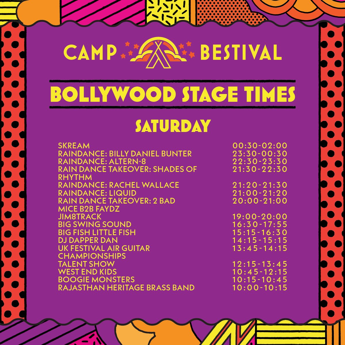 CampBestival's tweet photo. Saturday Bollywood Stage Times. #CampBestival https://t.co/2tmTtoy9h2