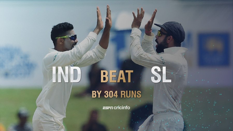 cricinfo's tweet photo. It's all over! Virat Kohli picks a souvenir stump as India dominate in Galle to take a 1-0 #SLvIND series lead https://t.co/LxQEWKJUjg https://t.co/rKD1MKiXhN