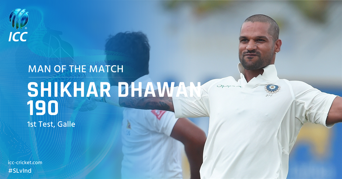 ICC's tweet photo. For his swashbuckling 190 off 168 balls, @SDhawan25 wins the MoM award for the 1st #SLvInd Test

https://t.co/lllokzZiRH https://t.co/cHXmbuTdYC
