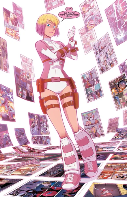 【グウェンプール#18の簡単なあらすじ】コマや吹き出しが見えるだけではなくついにグウェンはページの外へ。ページからページへ自由自在に渡れる能力に目覚めたグウェンが知ってしまったこの世界の事実とは…。2015年クリスマススペシャルに隠されたもう一つの視点。過去に未来にと急展開です。 