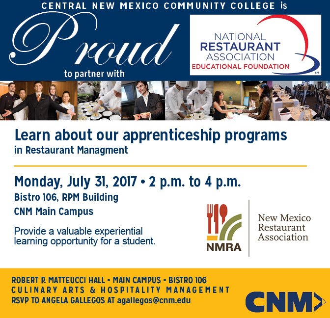 Don't forget--join us on 7/31 to learn about our apprenticeship programs in restaurant management! Share this with NM's future restaurateurs
