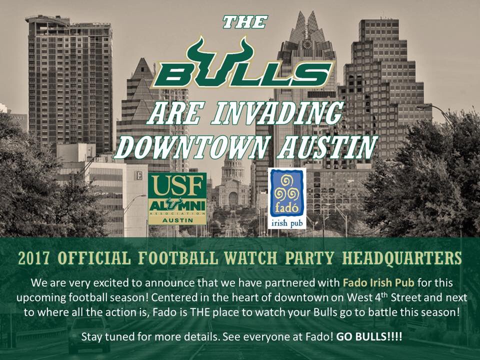 USFinATX's tweet photo. VERY excited to partner with @fadoaustin for our 2017 🏈 watch parties! #GoBulls #USFinATX #BullsUnite #AllIn @USFalumniAssn @fadoirishpub https://t.co/YdFK9htRHI