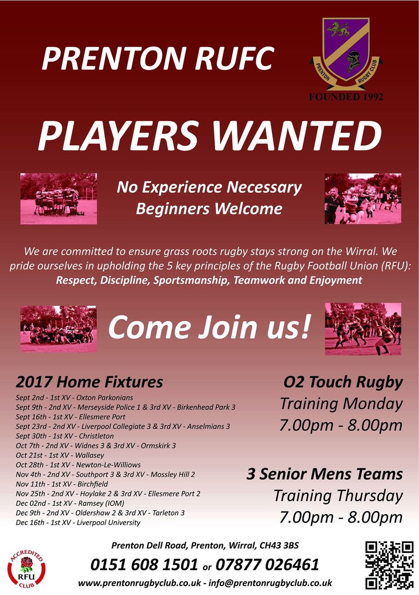 PrentonRUFC's tweet photo. Prenton are looking for players!! Interested!? Come along!! Become a part of a local team! #rugby #Wirral #team #sport #getbackintorugby https://t.co/a3IowopnkQ