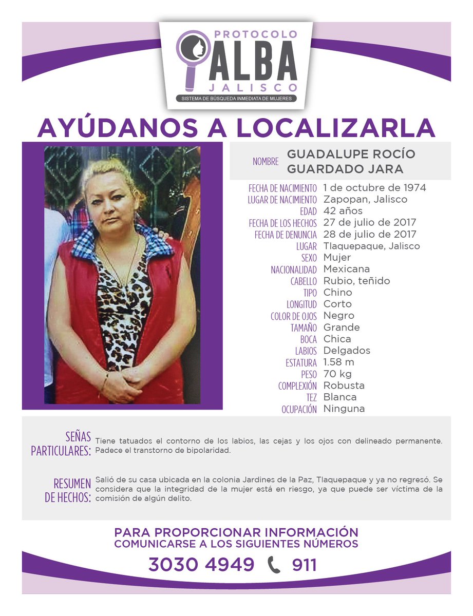 #RT | #AyúdanosaEncontrarla >> Tu apoyo es elemental para la búsqueda y pronta localización de GUADALUPE ROCÍO GUARDADO JARA, de 42 años.