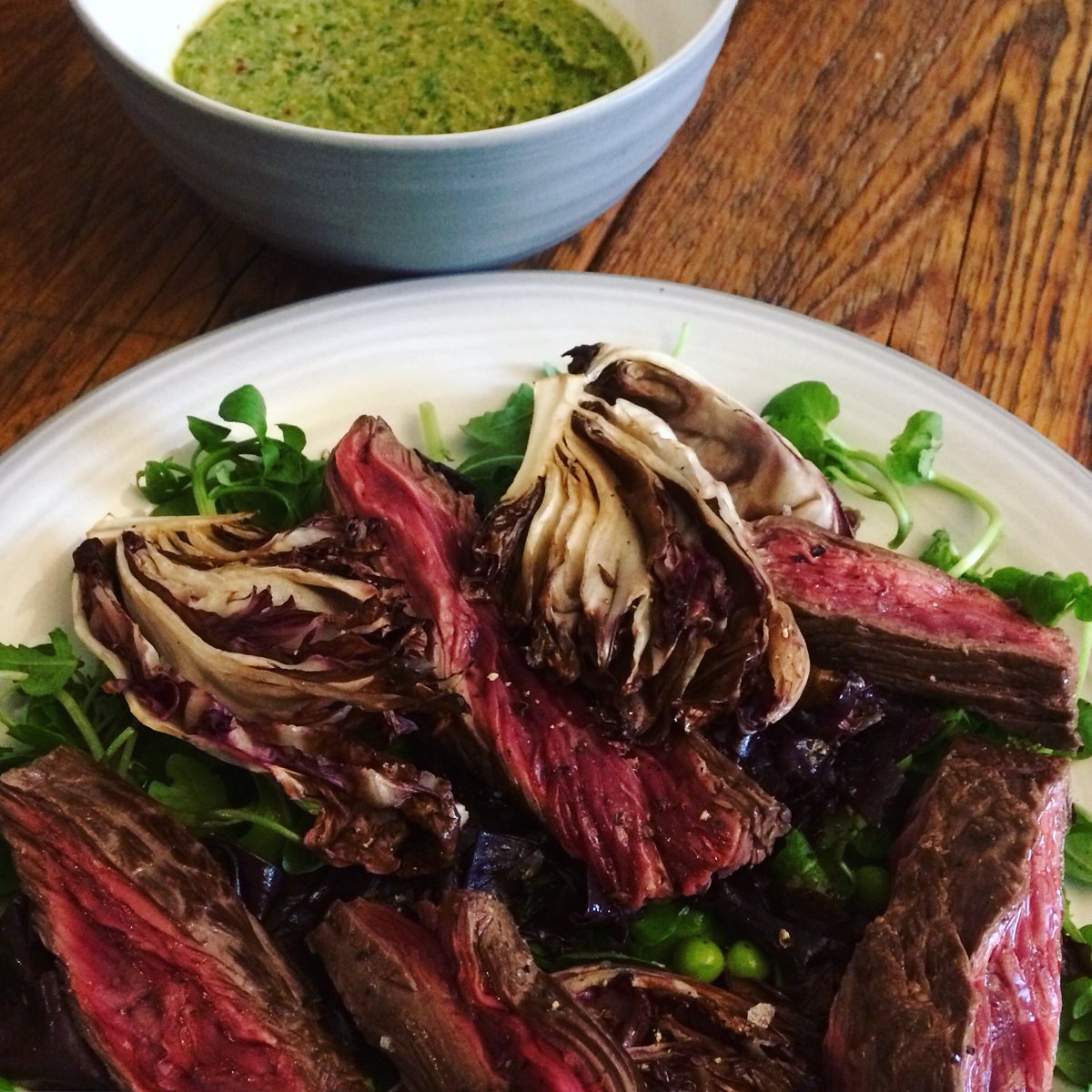 luciennesimpson's tweet photo. Flicking through @IamLauraJackson @Alicelevine #roundtoours sorted my dinner dilemma. Bavette steak. Radicchio. Salsa verde. Job done. https://t.co/NAyQdU1X5Q