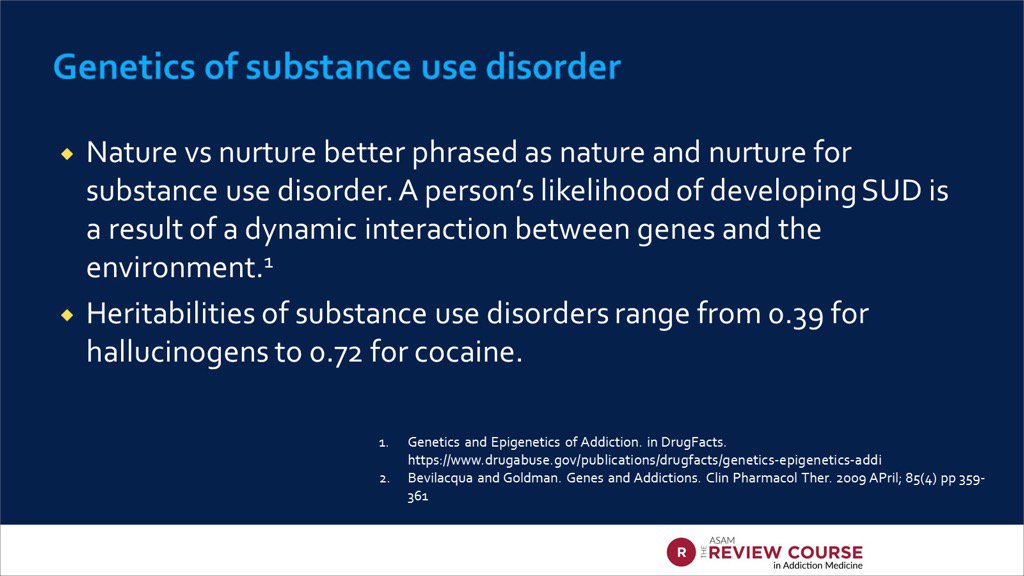 drmanejwala's tweet photo. Addiction is nature AND nurture: heritability ranges by intoxicant. 

(Slide from Leslie Hayes MD)  #ASAMReview17 https://t.co/azUDj6Ldsg