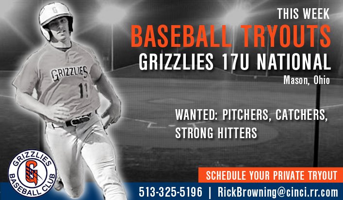 Grizzlies_RickB's tweet photo. BASEBALL TRYOUTS THIS WEEK: Grizzlies 17U (Mason,OH). Schedule Your Slot Now: 513-325-5196 RickBrowning@cinci.rr.com https://t.co/wCH3Y2AG73 https://t.co/B4Ed9sVUU1