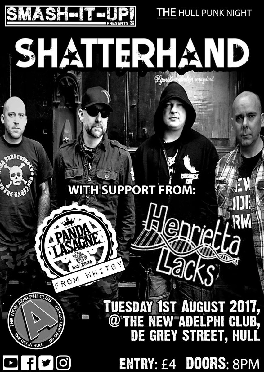 Tomorrow night - <a href="/SmashItUpHull/">Smash-It-Up Concerts</a> presents <a href="/Shatterhandpunk/">Shatterhand</a> <a href="/pandalasagne/">PANDA LASAGNE</a> and Henrietta Lacks. £4 otd, 8 pm. #Hull #livemusic #gigs #Hull2017