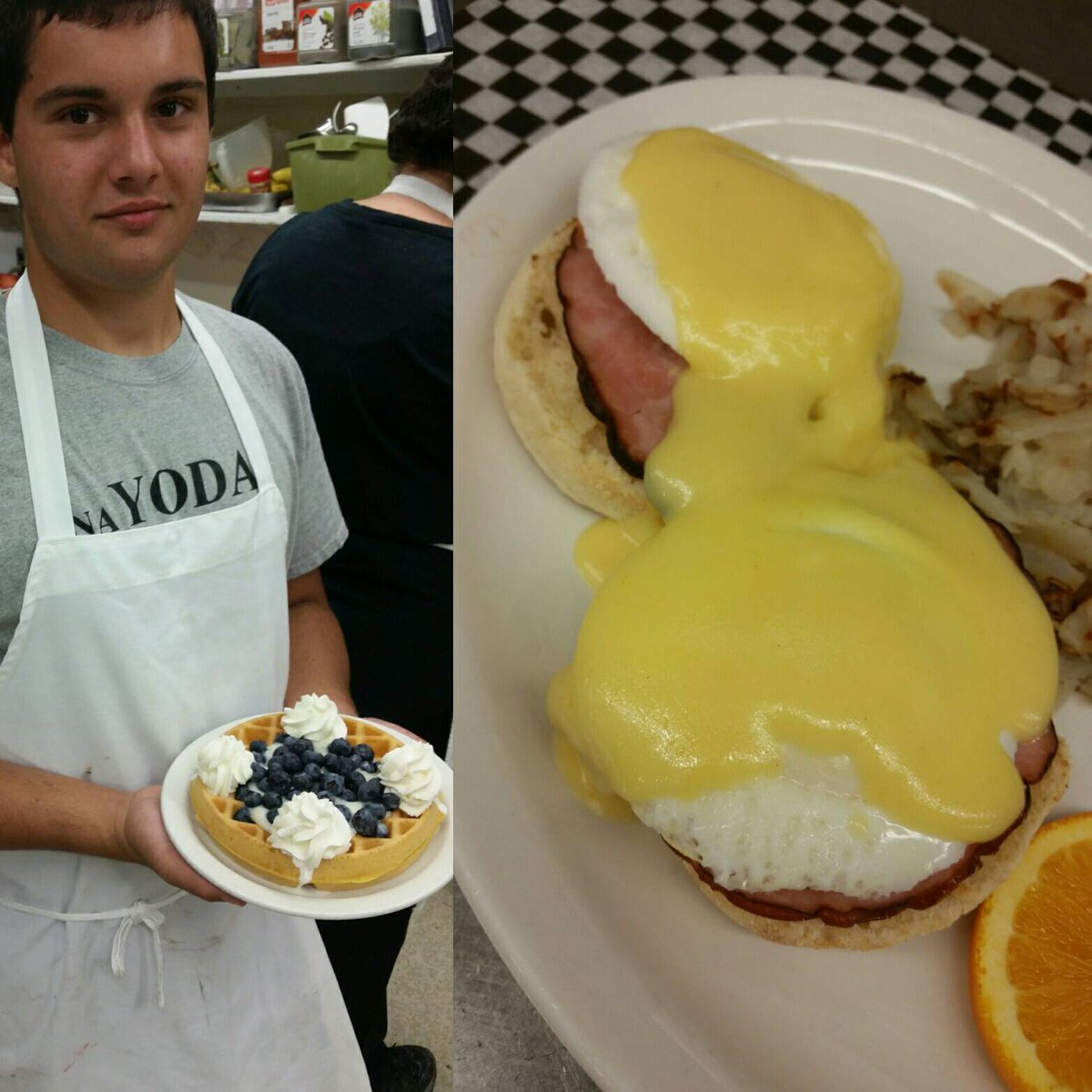 Fresh blueberry or strawberry waffle and eggs benedict this morning! #OhBaYo #special