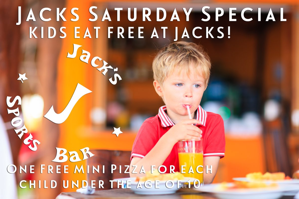 JacksPizzaCafe1's tweet photo. Jacks Saturday Special!!! Kids Eat Free From 11-4! Each child under the age of 10 receives one free mini pizza! #yeg #jacks #kidseatfree https://t.co/2du9HzeX7V