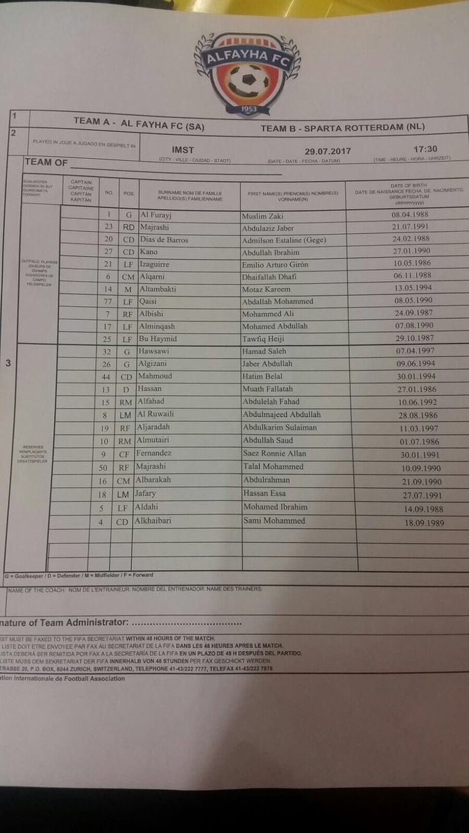 ProSpartaOnline's tweet photo. Om 17.30 oefent Sparta tegen Al Fayha. De opstelling van beide ploegen zien er als volgt uit. https://t.co/FyMk8Q17PP