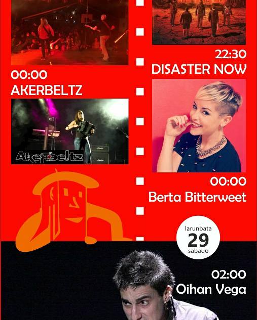 LaudiokoUdala's tweet photo. Gaurko kontzertuak!
🎤22:30 @Disasternowband
🎤00:00 @BertaBSweet  
🎤 2:00 Diskofesta @oihanvega ren eskutik
https://t.co/bfUkGn1Uhg https://t.co/Tnq9UAQdsj