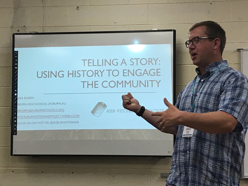Connie_Bain's tweet photo. Dr. Busbin sharing how he uses history to tell stories. #EdCampLE #CelebrateAuburn https://t.co/iM1UkpMOcY