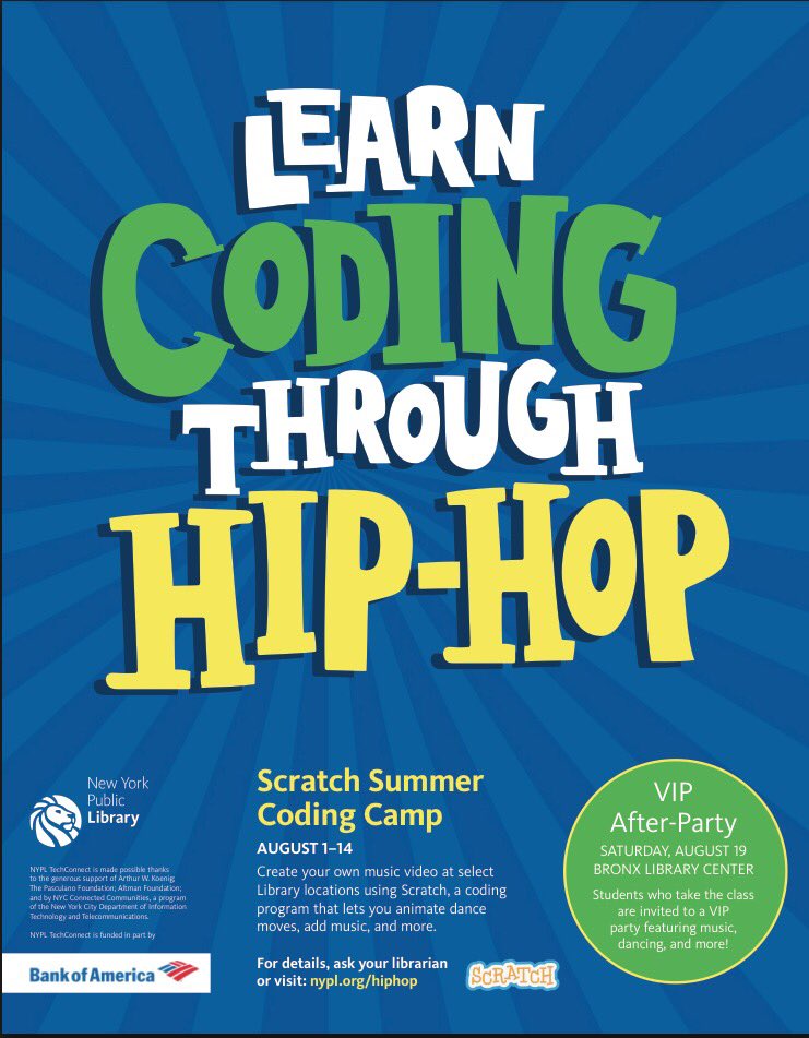 NYPLTechConnect's tweet image. Next week bring your kids to our Summer #Hiphop #Coding camps at select @NYPL locations. nypl.org/hiphop @scratch #codeforkids