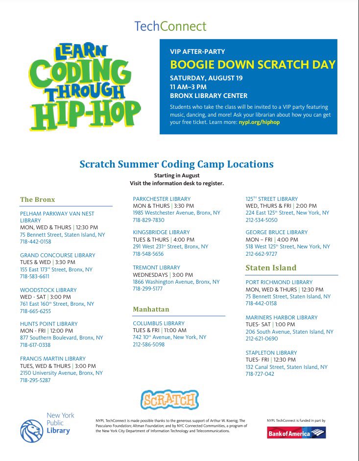 NYPLTechConnect's tweet image. Next week bring your kids to our Summer #Hiphop #Coding camps at select @NYPL locations. nypl.org/hiphop @scratch #codeforkids