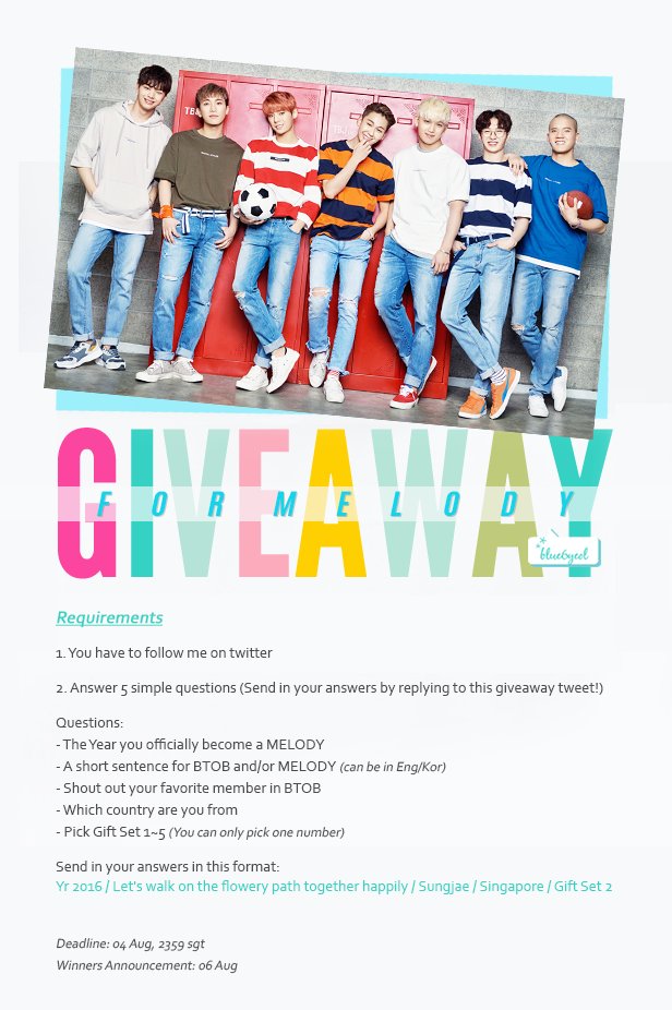 6_sosweet's tweet photo. [🎁Giveaway for 🎵]
Refer to image for instructions (Deadline: 04 Aug, 2359 SGT) Good Luck, MELODY~💙 #BTOB https://t.co/tGILlunikv