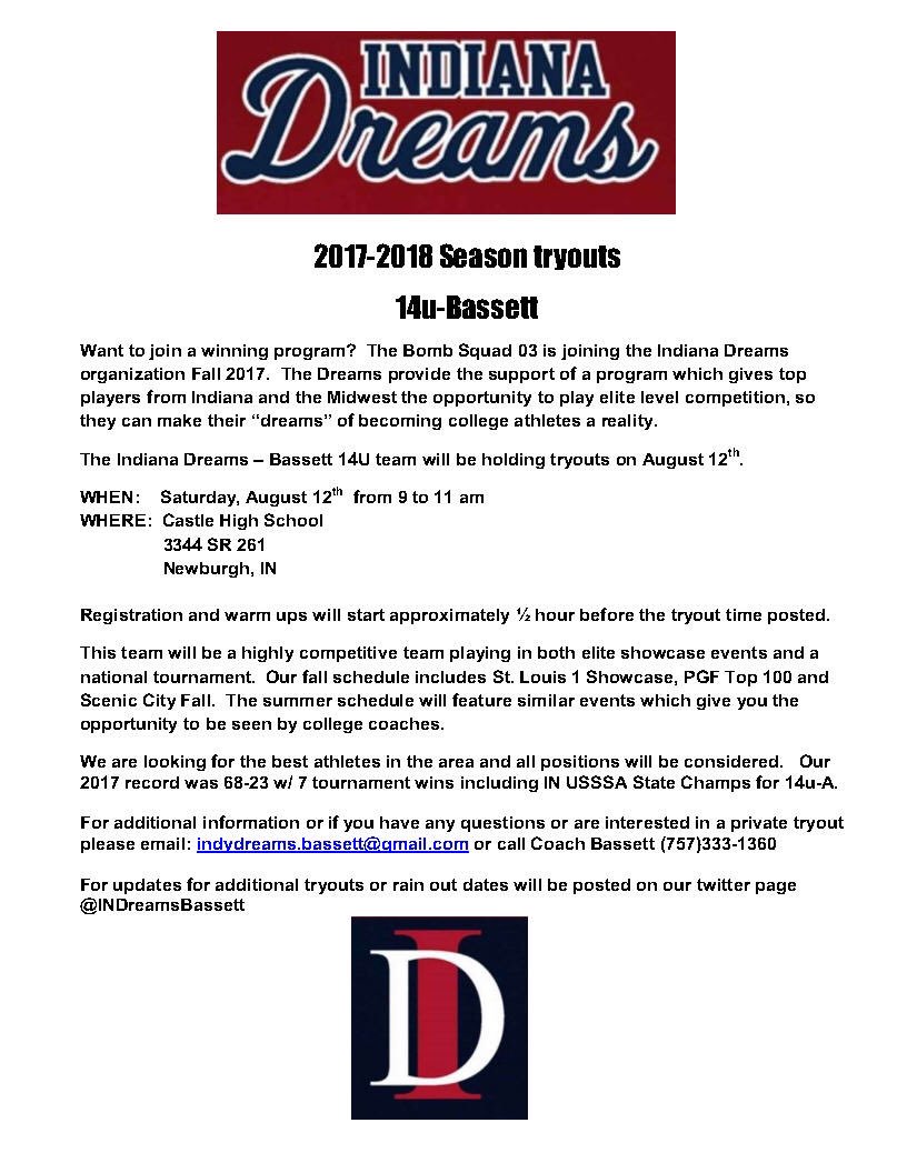 INDreamsBassett's tweet photo. Tryout for Indiana Dreams- Bassett 14u. This is 2nd yr team formerly Bomb Squad 03.  Hope to see u Sat Aug 12 9-11am @ Castle HS Newburgh IN https://t.co/uhgOIg6oUo