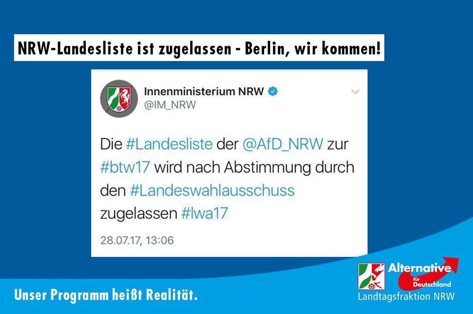 AfD_FraktionNRW's tweet photo. Liebes Innenministerium, danke. Jedoch @AlternativeNRW statt @ AfD_NRW noch mal üben. 😉 #Zulassung #AfD #NRW #LWA17 https://t.co/9W3j9hm6f7 https://t.co/aBetWs7sDe