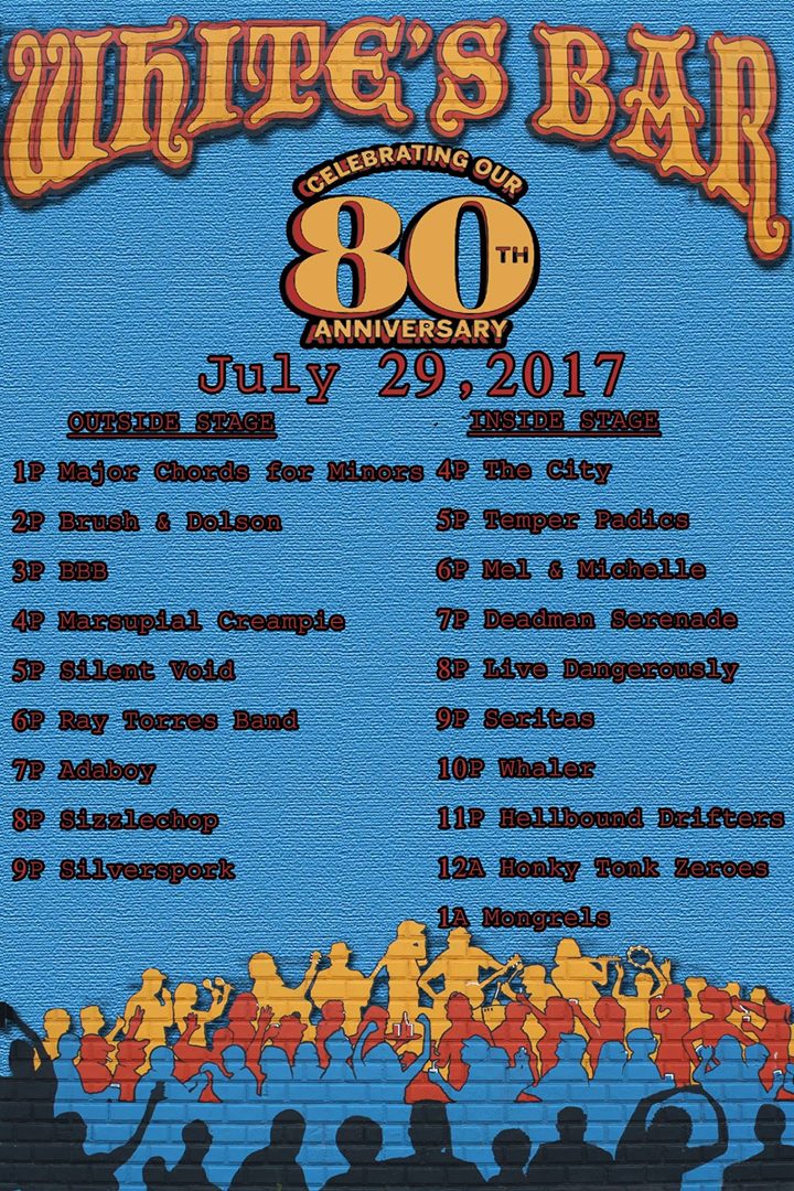 NO COVER!!! Today 1pm-2am <a href="/WhitesBarLive/">Whites Bar</a> 80th anniversary with 19 bands including <a href="/TheMongrels/">TheMongrels</a> <a href="/seritasband/">seritas</a> and lots more...