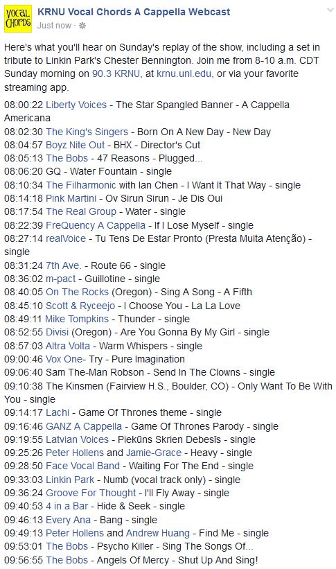 The interactive version of this playlist for Sunday's repeat is available on the show's Facebook page. Hope you can join me, 8-10 a.m. CDT.