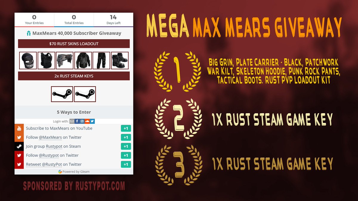 Rustypot's tweet photo. Mega $100+ Rust Giveaway /w @MaxMearsYT https://t.co/U8Nhi5JrJG