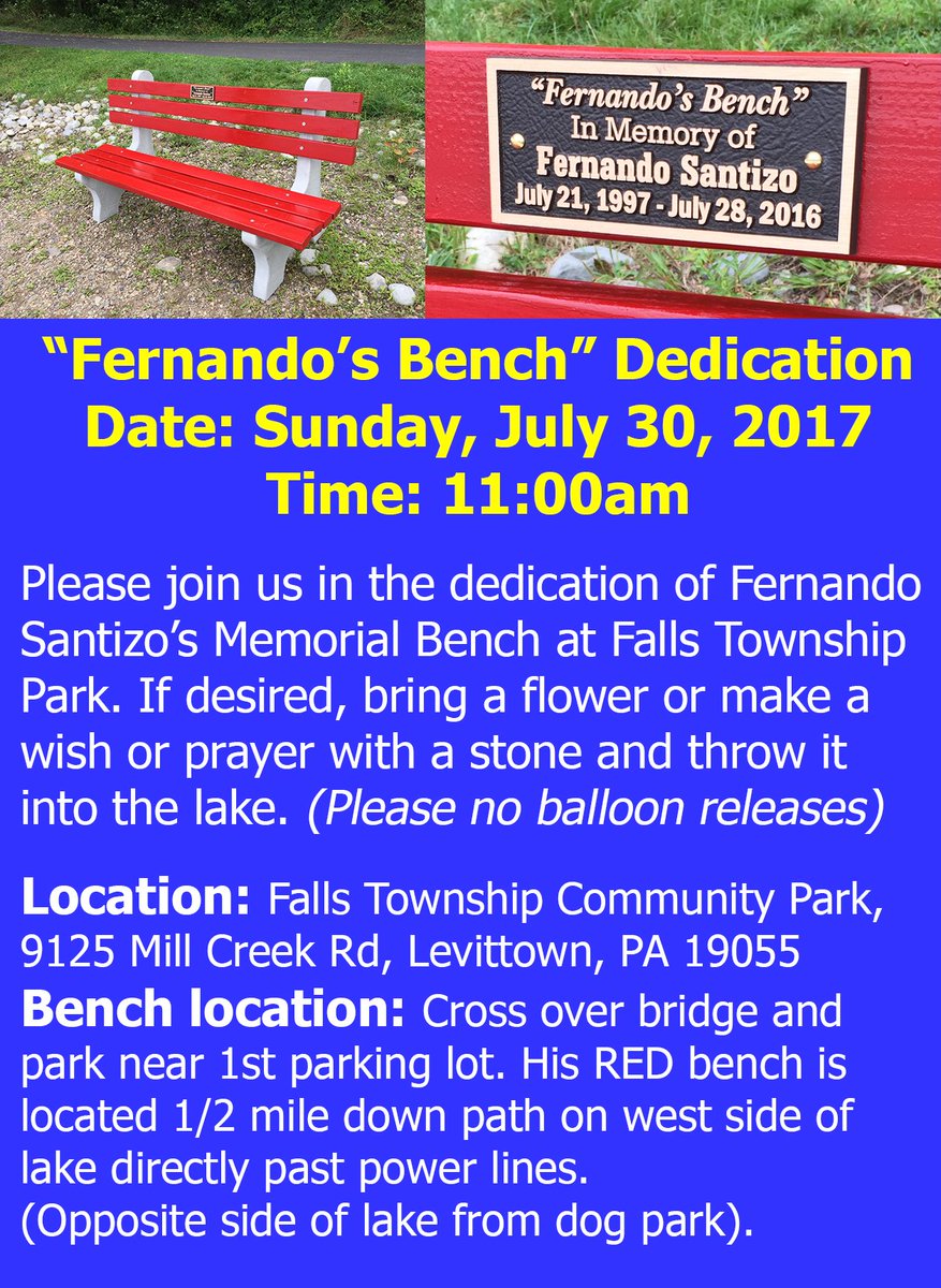 TrumanMemories's tweet photo. Fernando’s Bench Dedication
Sun 7/30/17
@11:00am  Pls join us in the dedication of Fernando Santizo’s Memorial Bench at Falls Township Park. https://t.co/4ETMdquOBk