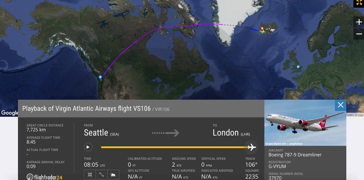 aviationnews24h's tweet photo. News: @VirginAtlantic #VS106 from SEA-LHR diverted to Reykjavik due to a tech issue. An A340 was then sent to KEF to pick up passengers. https://t.co/f0deyUWsY7