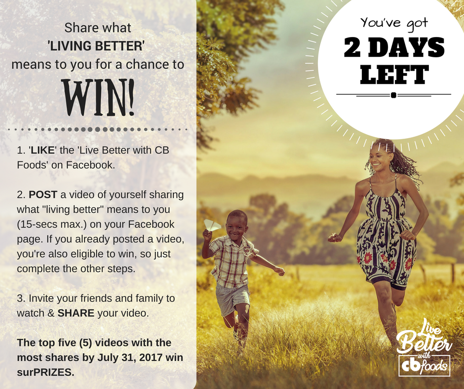 livebettercb's tweet photo. YOU'VE GOT 2 DAYS LEFT! Watch some of the videos that have already been posted for inspiration :)
#LiveBetterwithCBFoods #CBVoxPops https://t.co/57dxRk6hBM