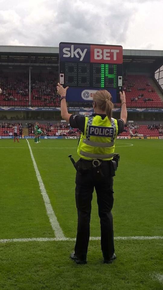 TheFLZone's tweet photo. Grimsby v Wigan today, the fourth official replaced by a copper. #gtfc #wafc https://t.co/eRY14yJQW7