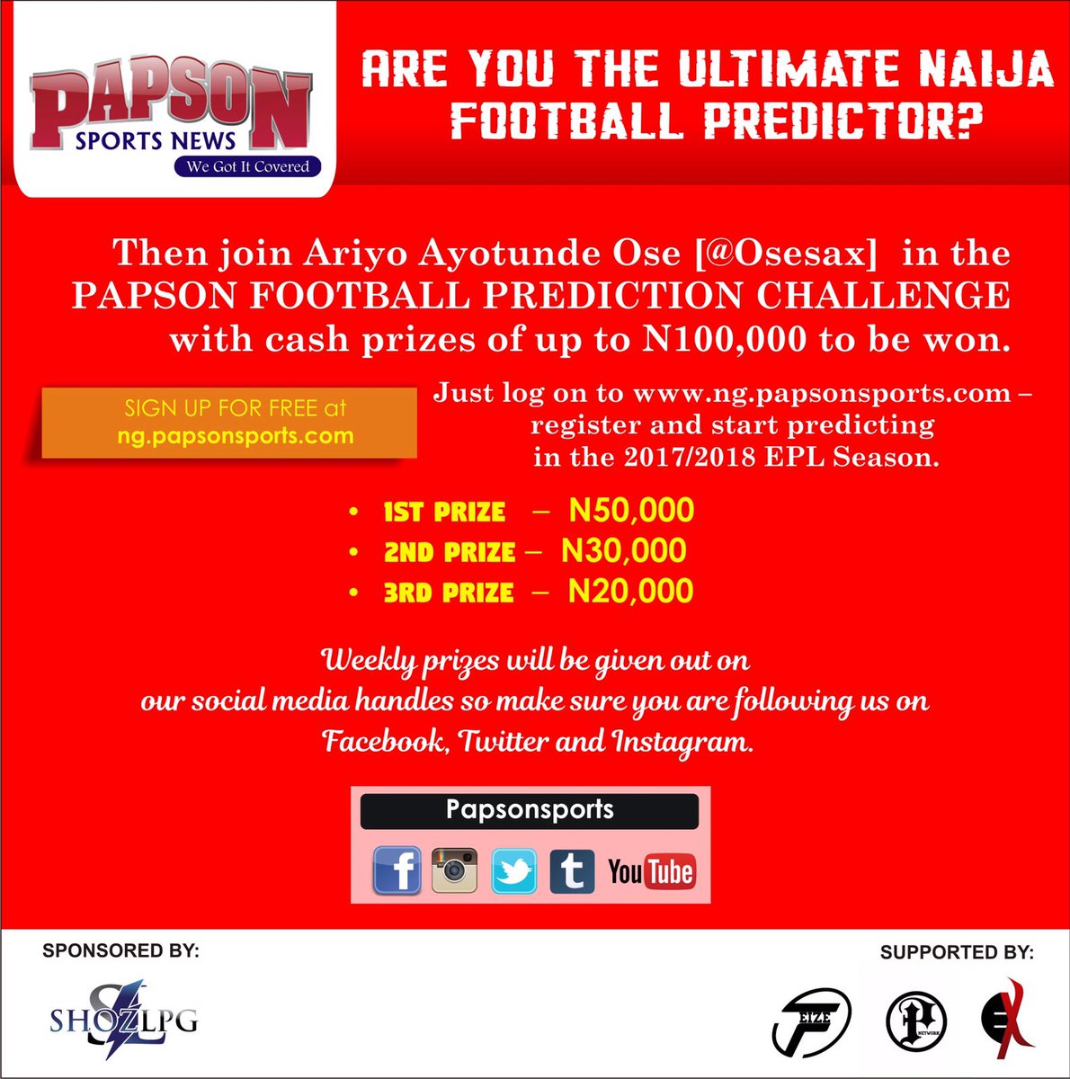 Osesax's tweet photo. We're kicking off August 11
Register https://t.co/hoN6EpD5f7
#GiveAway
#EPLPredictionLeague
#EPLPrediction #EPLCountdown
#PFPChallenge https://t.co/HHfaRdCs3g